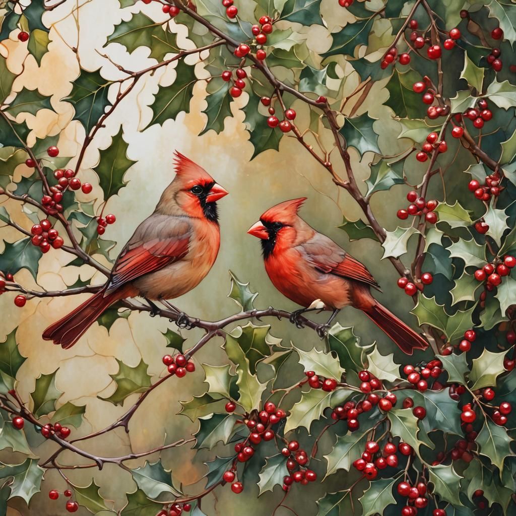 Winter Cardinal Perched on Holly Berries in Soft Focus Water...