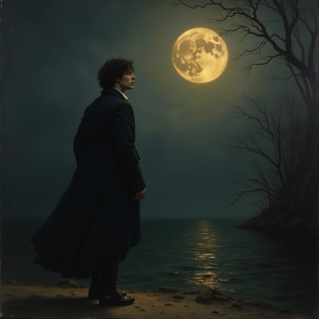Romantic Oil Painting of Man in Love with the Moon