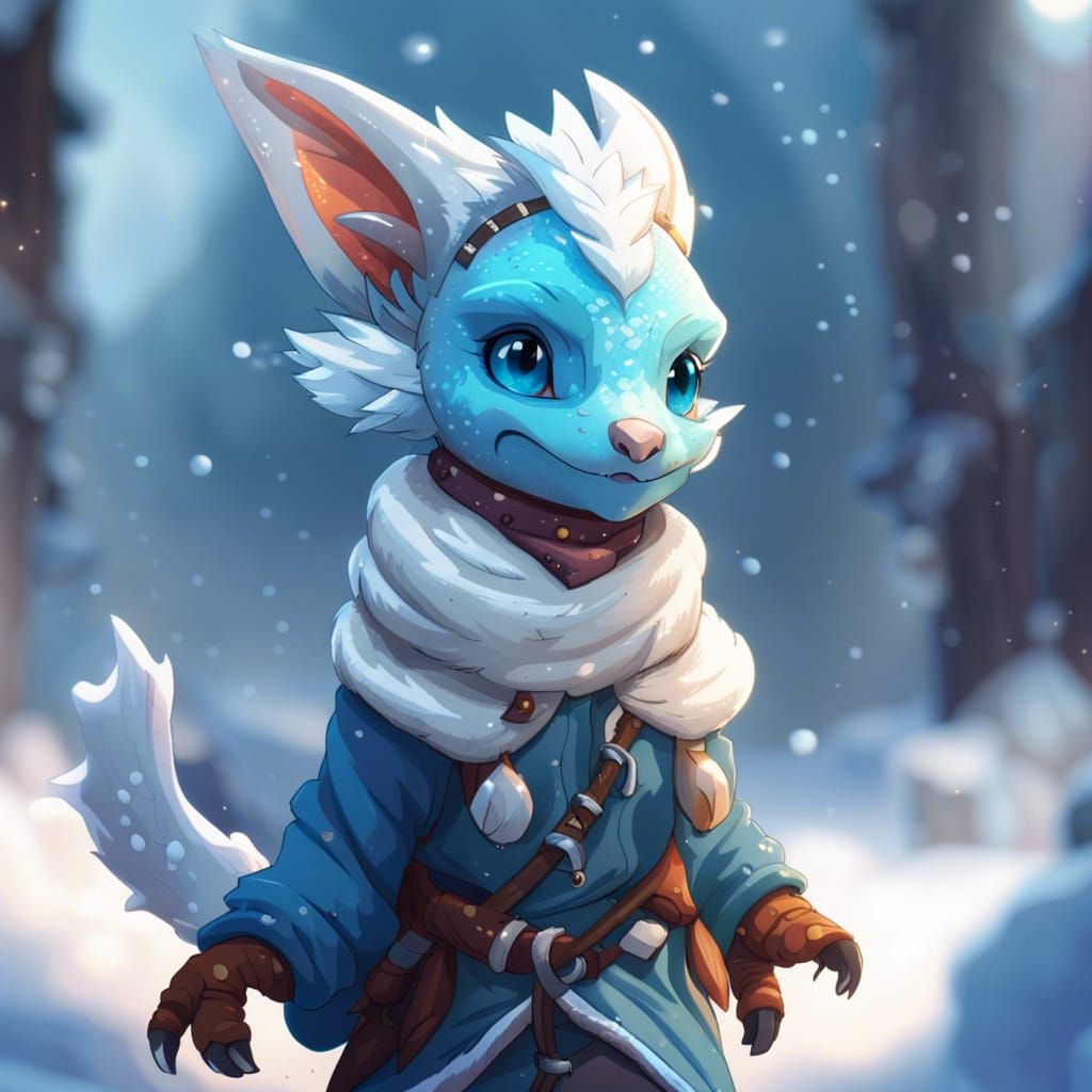 Cute Kobold Girl Walking in Winter Snow, Anime Style
