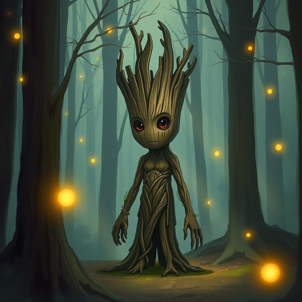 Groot in Misty Forest with Fireflies, Fantasy Art