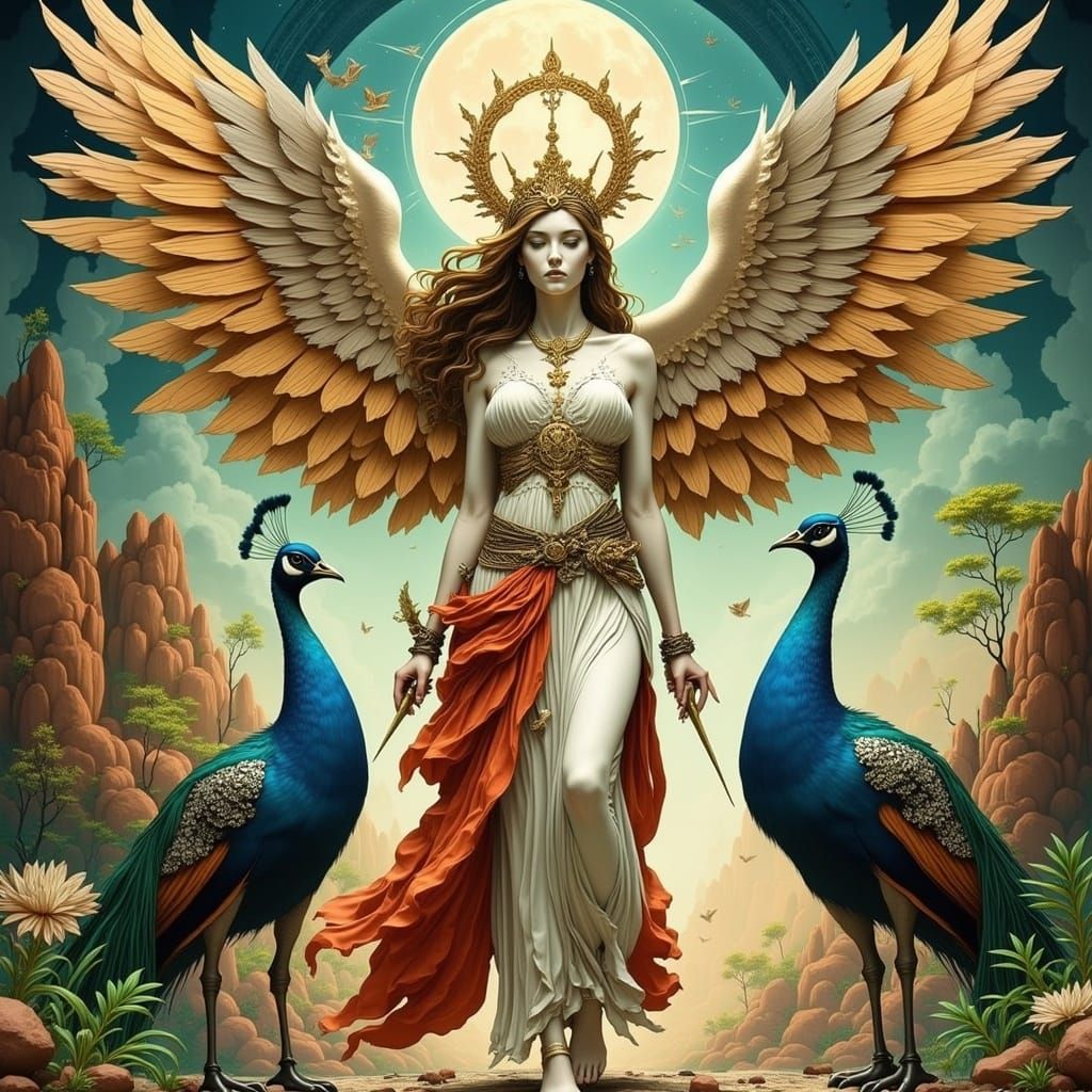 Ancient Greek Goddess Hera Surrounded by Peacocks in Colorfu...