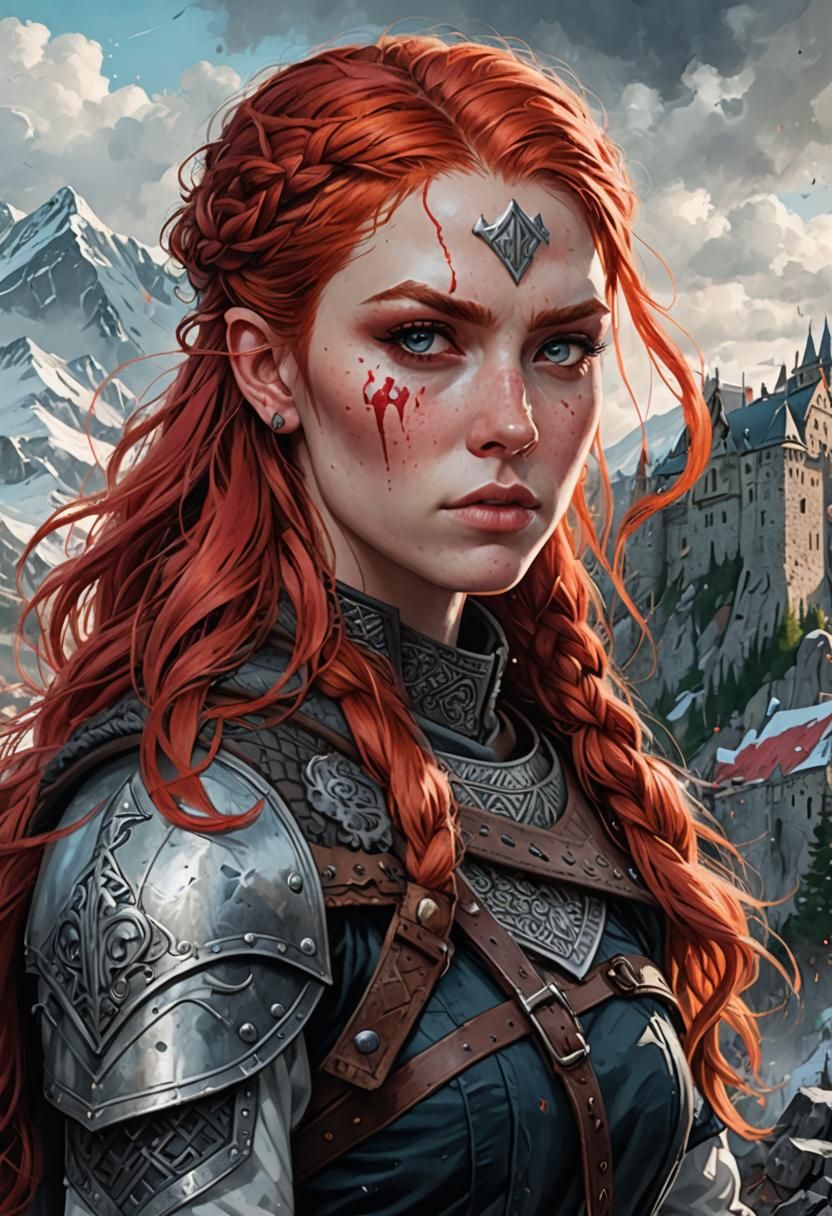 Viking Girl in Front of Mountain Castle, Graffiti Art