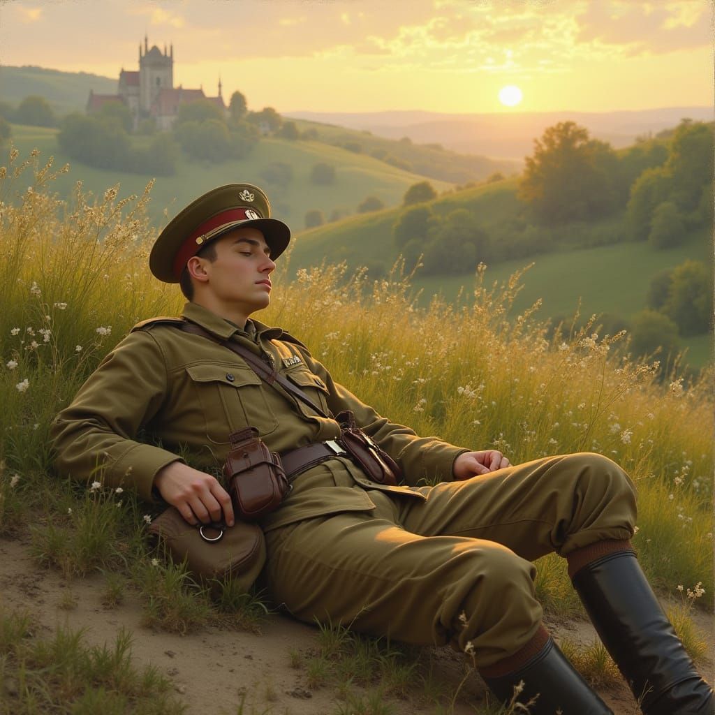 Dreaming Soldier on French Battlefield in Romantic Realism