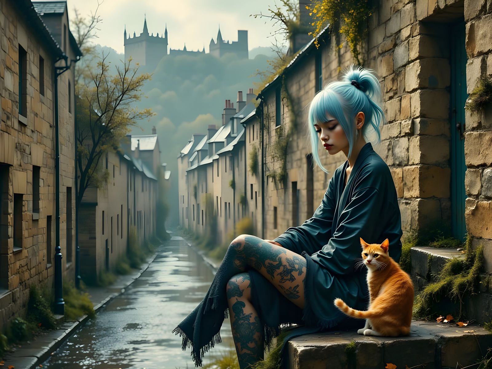 Woman with Tattoos in Historic Edinburgh, Ink Brush Style