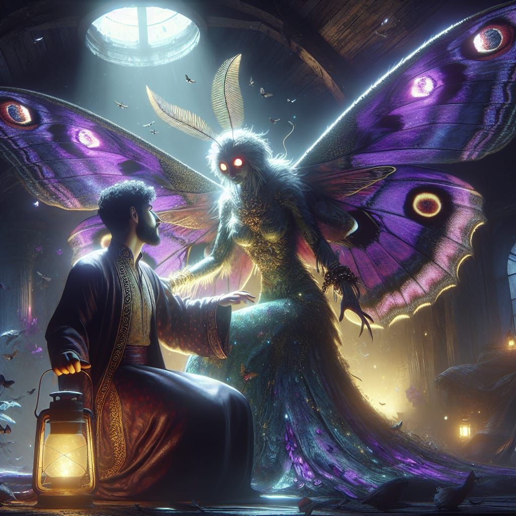 Moth-Woman Captivates Man in Dark Fantasy Art