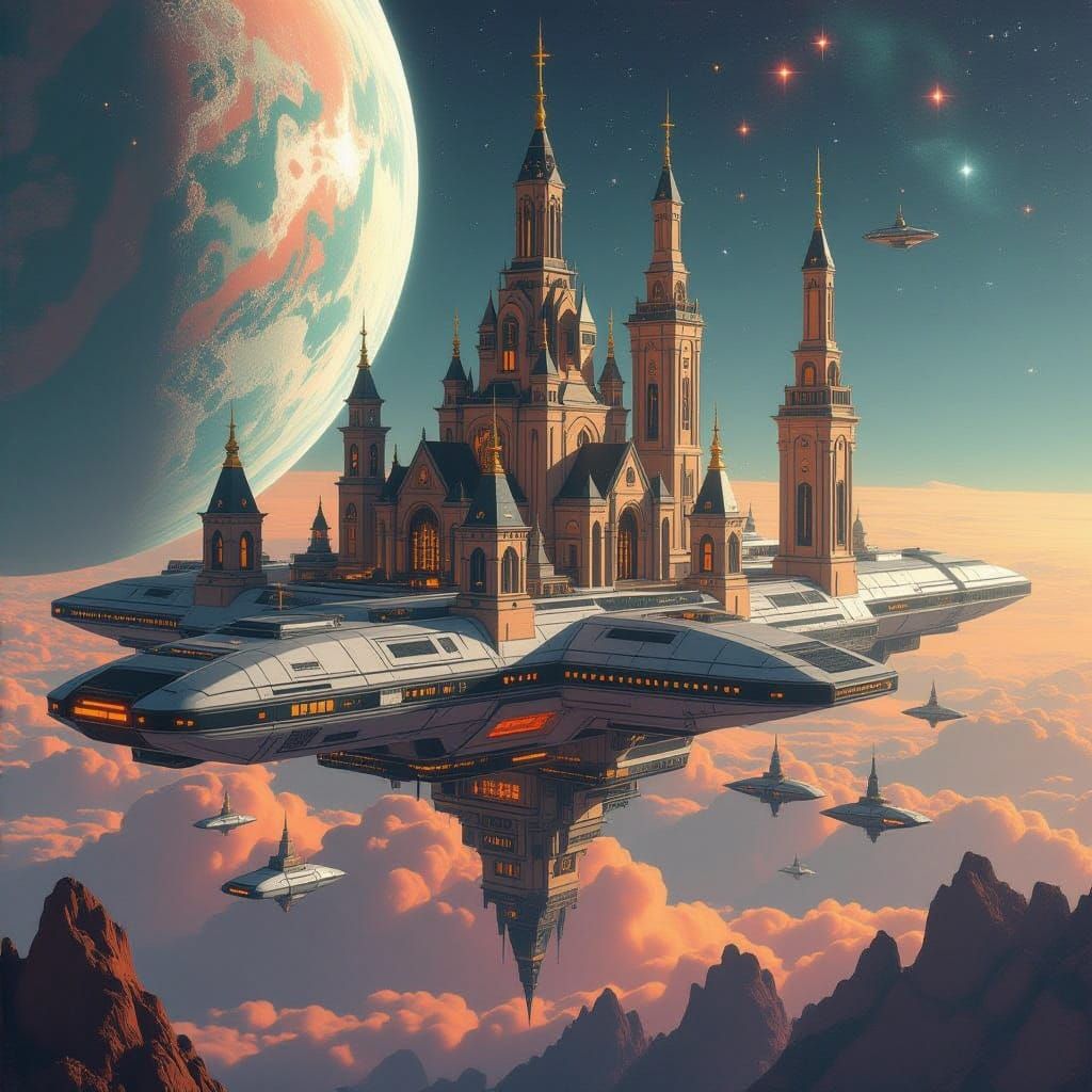 Brutalist Space Station Orbiting Planet in Dark Fantasy Styl...