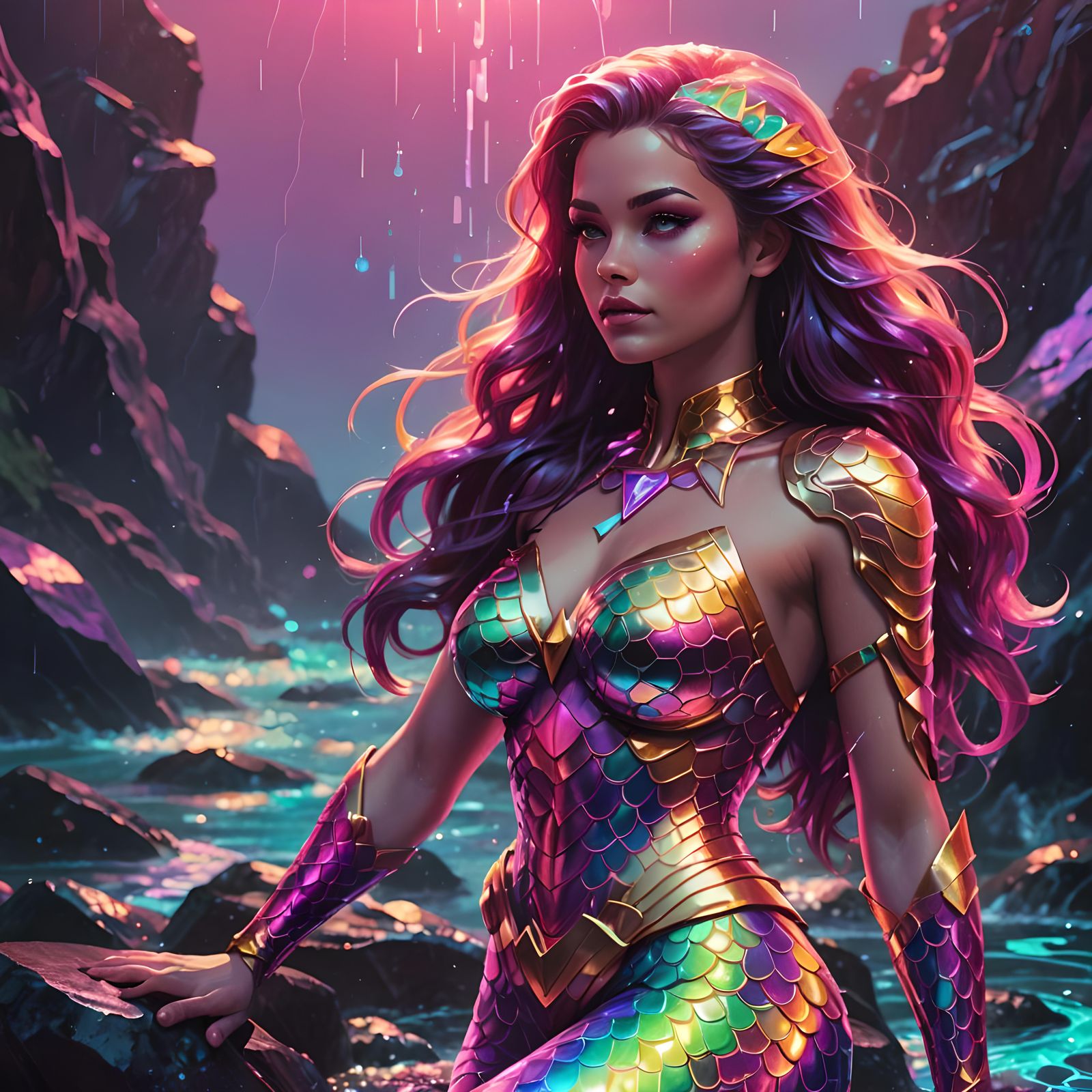 Synthwave Mermaid Superheroine in Neon Retro Style