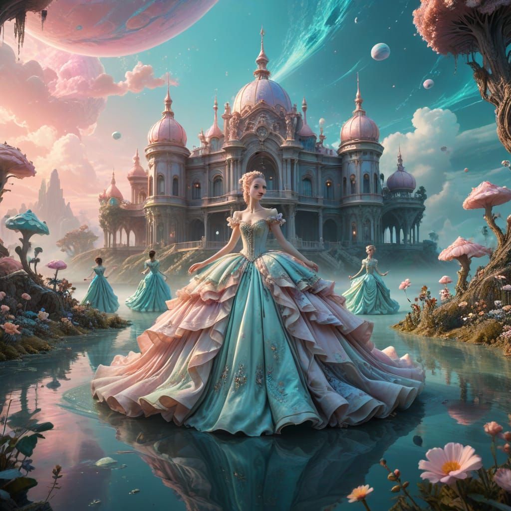 Rococo Palace on Alien Planet in Pastel Colors