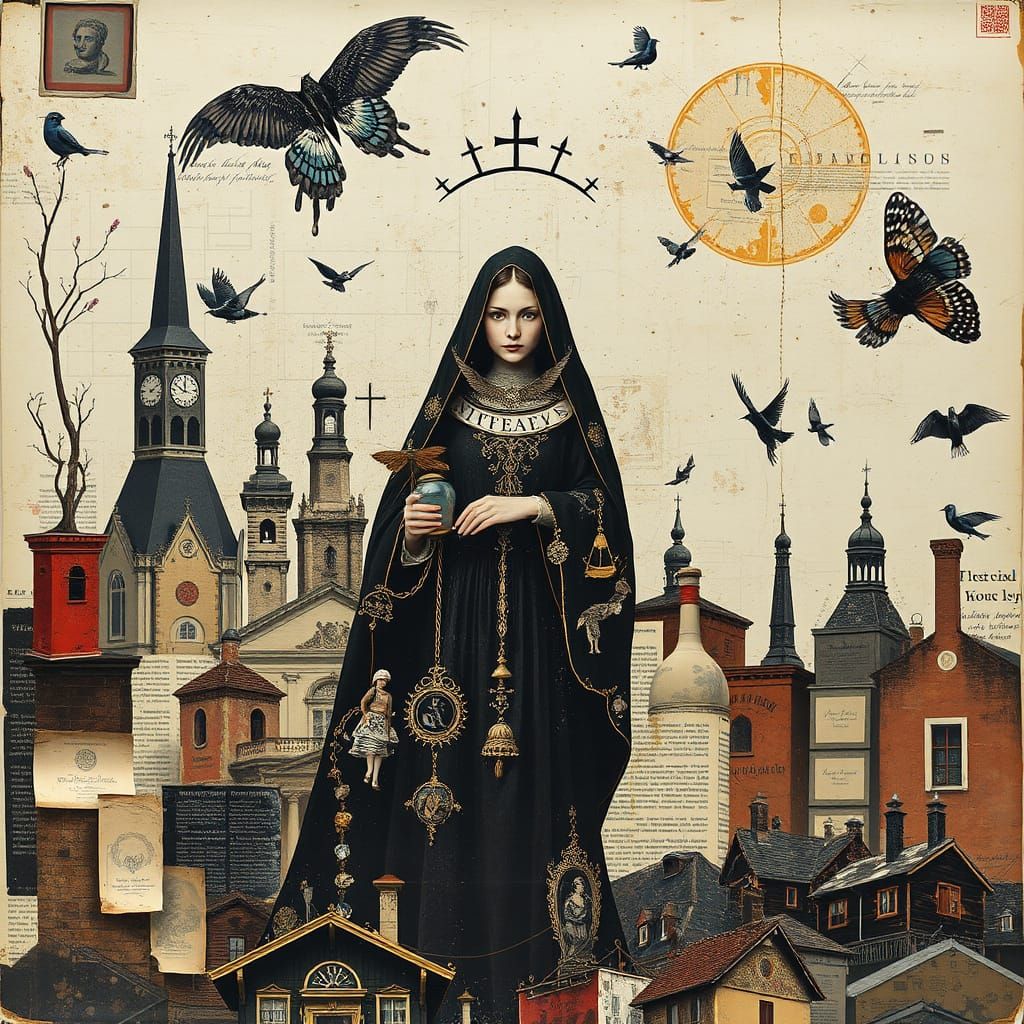 Intricate Collage of a Priestess in Graphic Newspaper Style