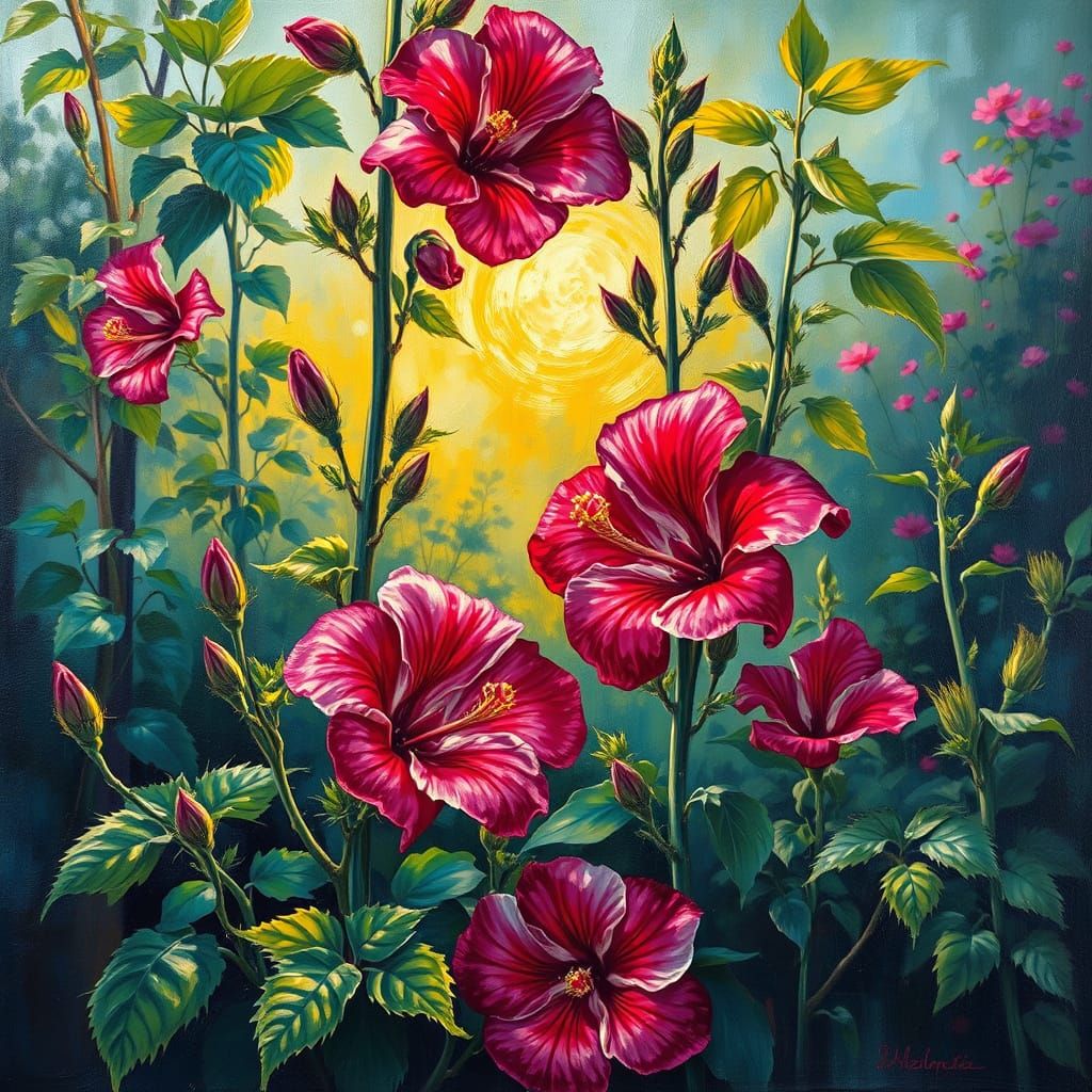 Lush Hibiscus Landscape with Bioluminescent Highlights