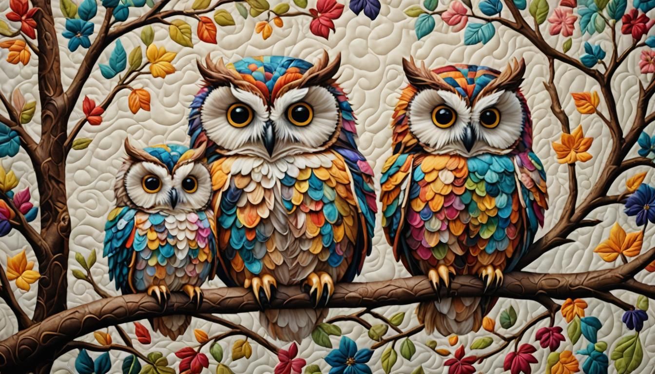 Quilted Fantasy: Three Colorful Owls on a Branch