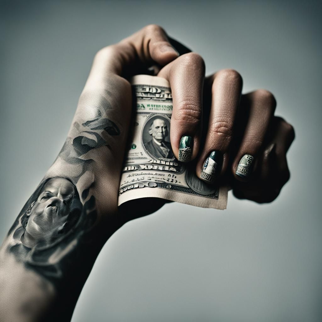 AA womans hand with black nail polish, holding a fist full o...