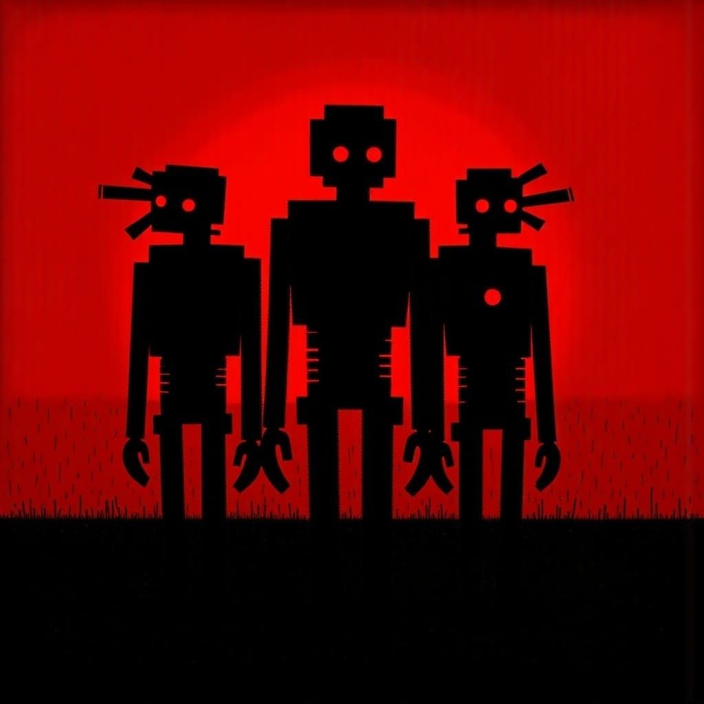 Terminator Robots in Black Silhouette with Red Eyes