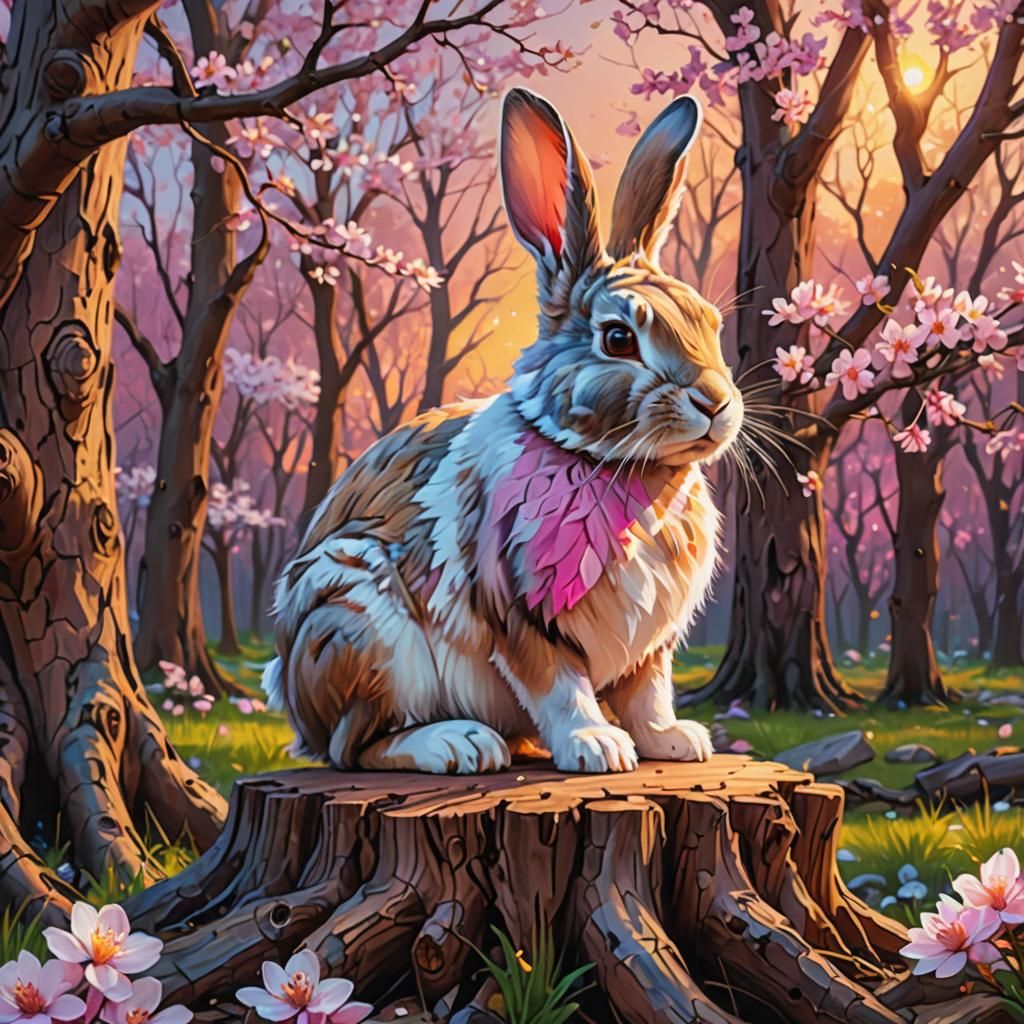 Vibrant Rabbit in Spring Forest: Digital Triadic Art