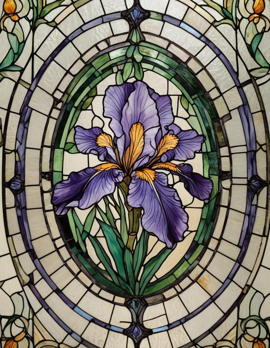 Vibrant Purple Iris in Stained Glass Oval
