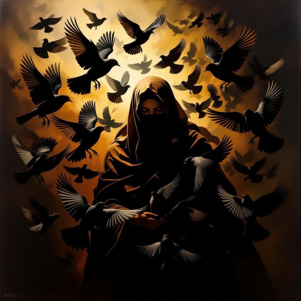 Veiled Goddess Under Attack by Birds in Dramatic Style