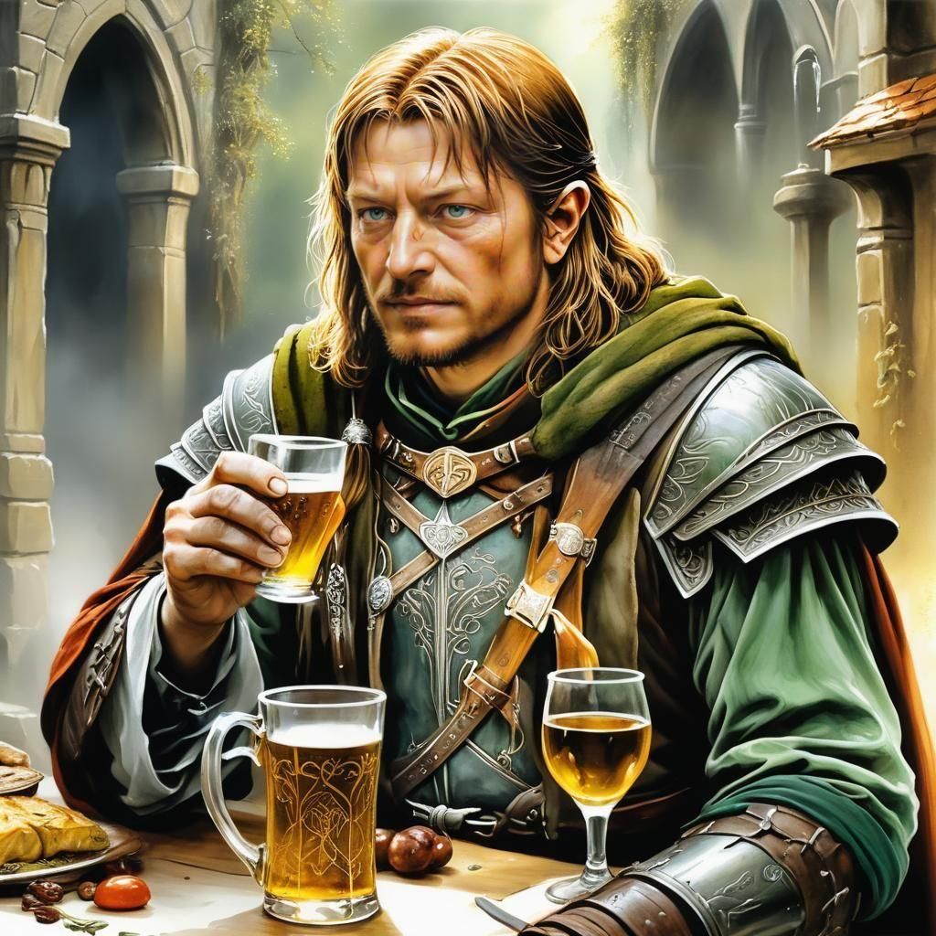 Hyper-realistic Boromir 🗡️Drinking 🍺 eating 🥣, Rivendell,...
