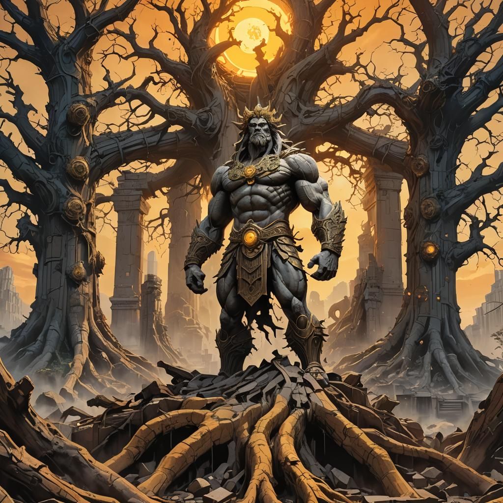 Sun God Dominates Mystical Landscape in Art Nouveau Style