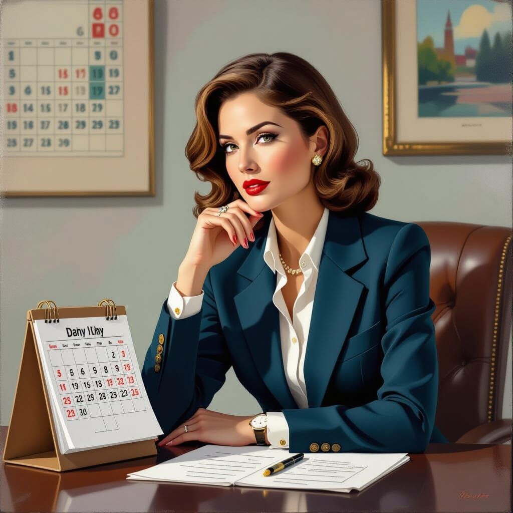 Businesswoman Contemplates End of Month Calendar