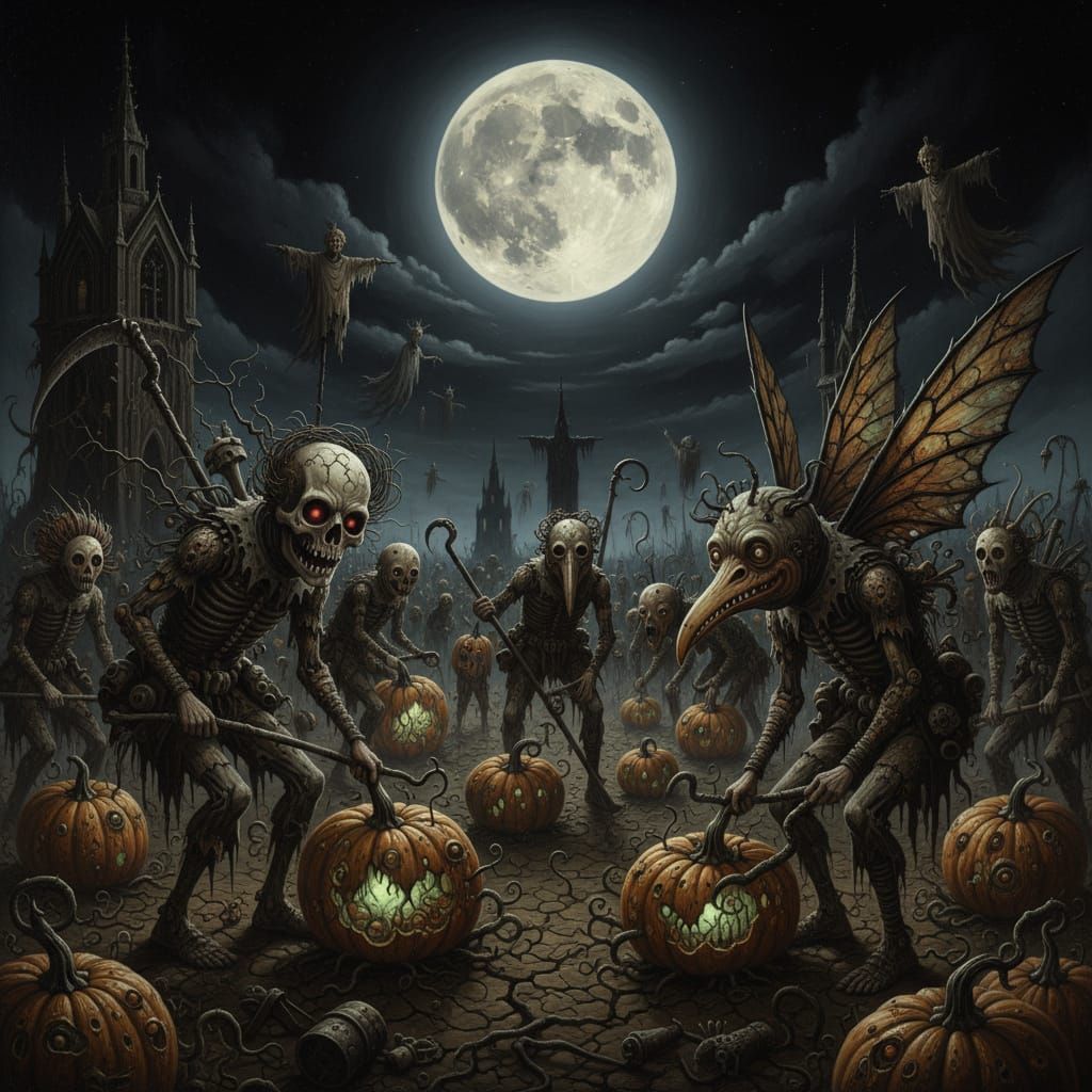 Bizarre Harvest Festival at Night in Surrealist Style