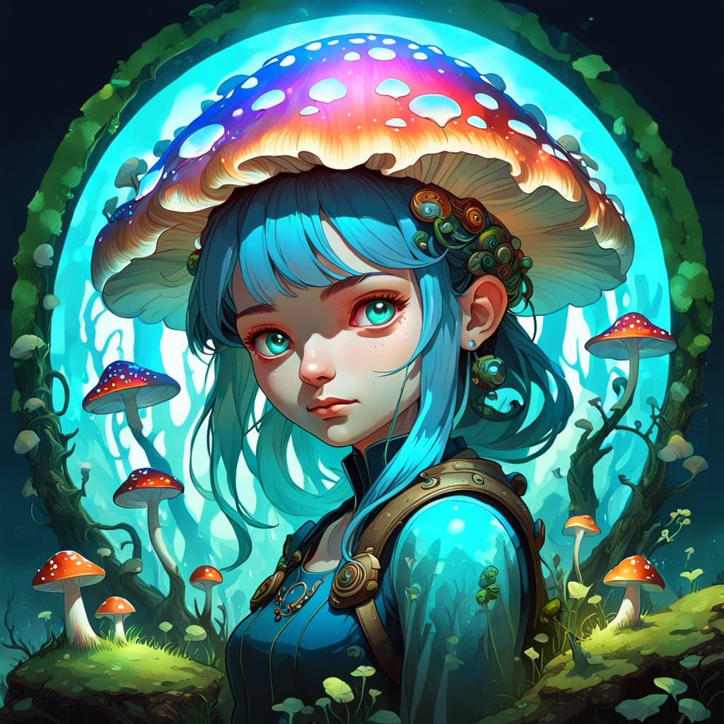 Surrealistic Portrait of a Mushroom Girl in an Enchanted For...
