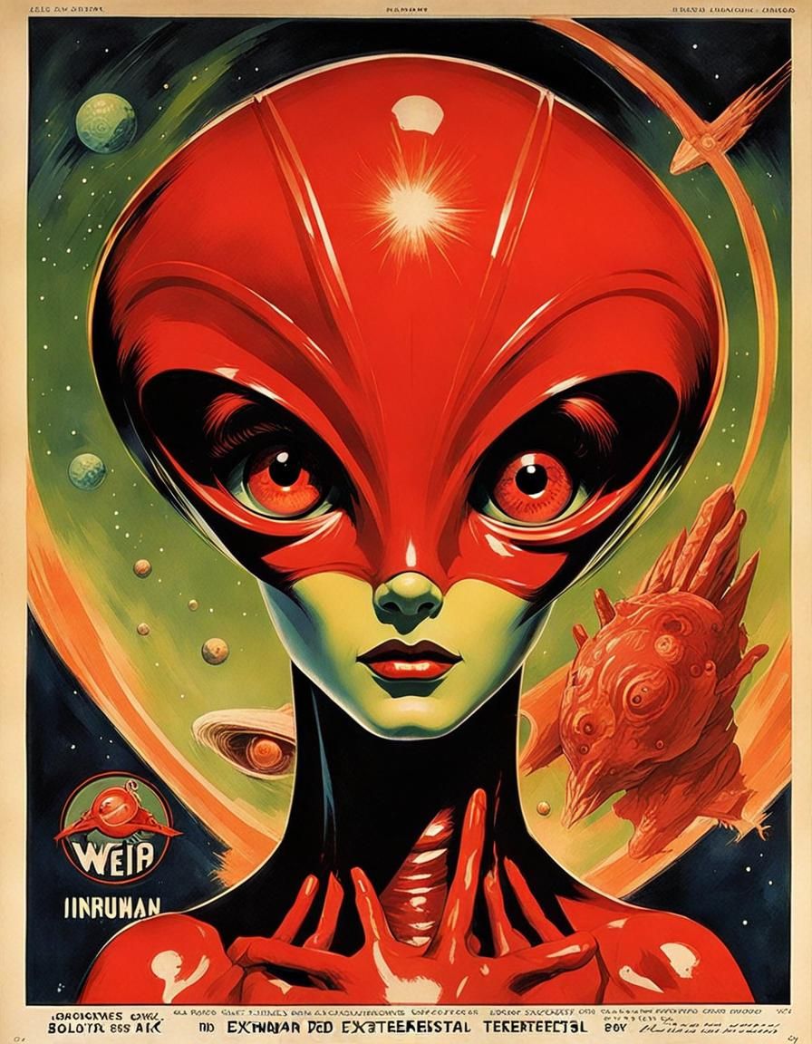 Weird Red Alien in Soviet Propaganda Art Style