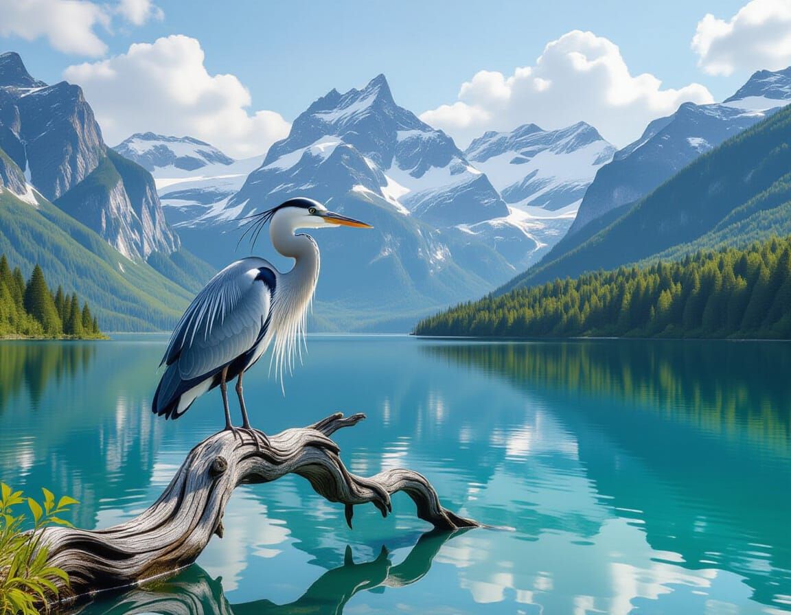 Elegant Heron Reflects Mountain Majesty: Photorealistic Imag...
