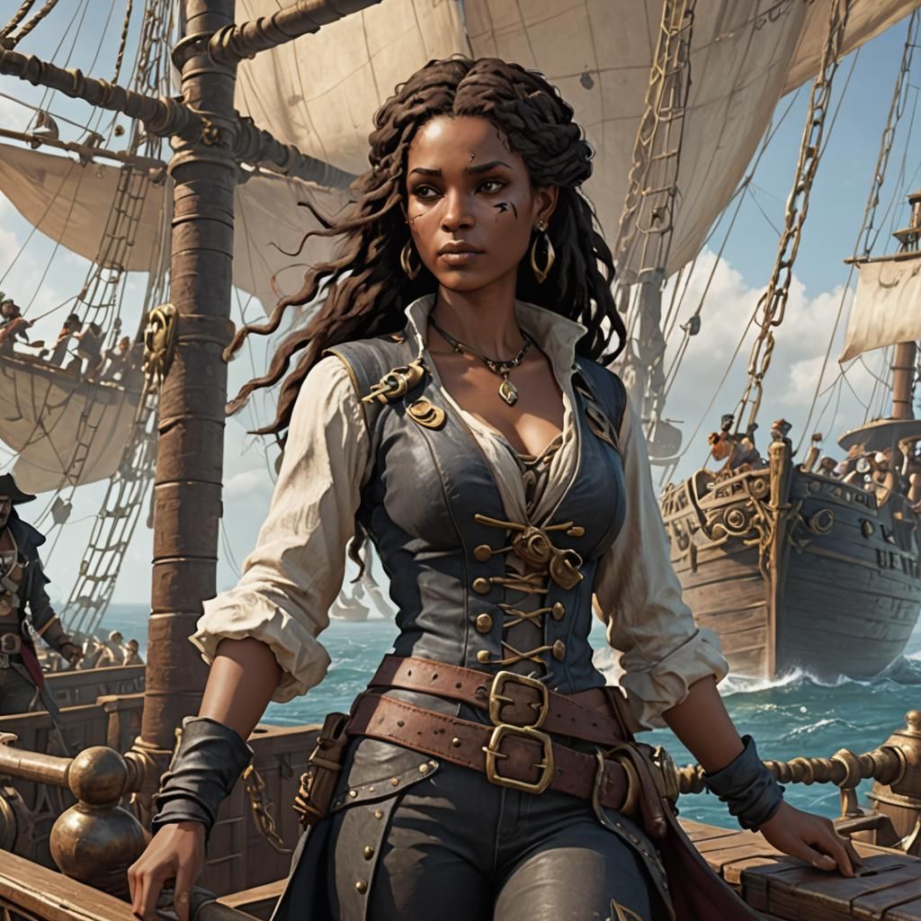 Cat-like Humanoid Sails Pirate Galleon