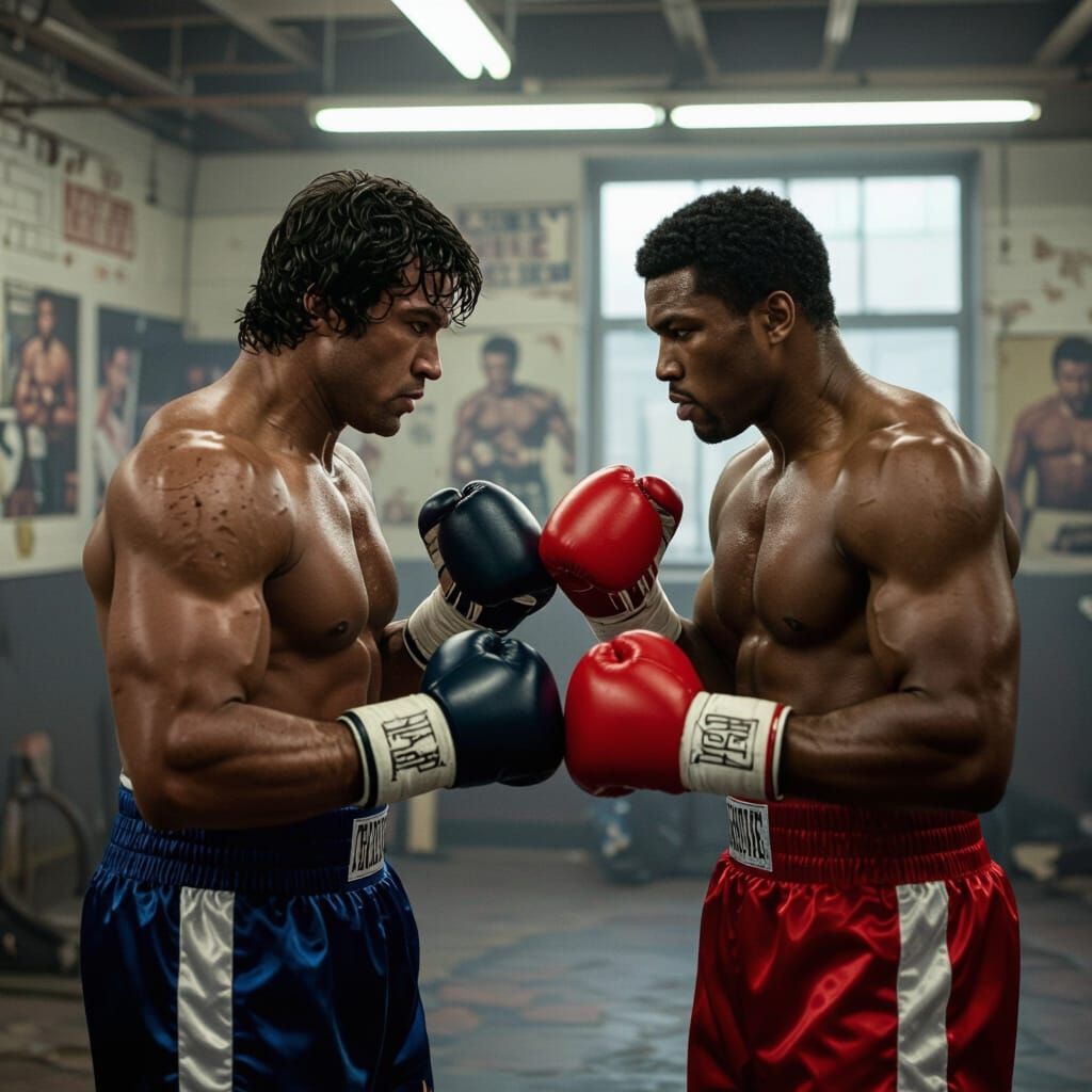 Rocky and Apollo: Hyperrealistic Boxing Gym Scene