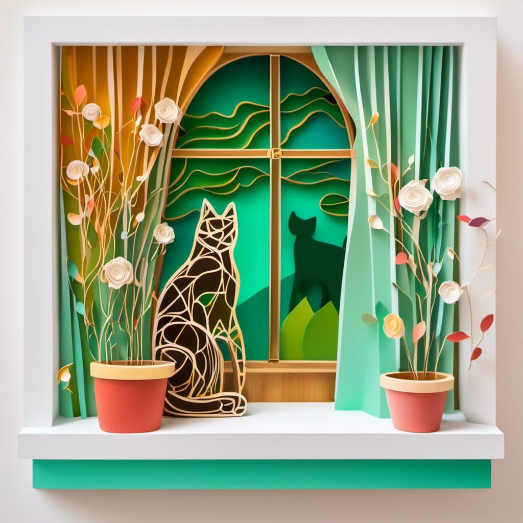 3D Wood Sculpture: Stickman Cat at Window