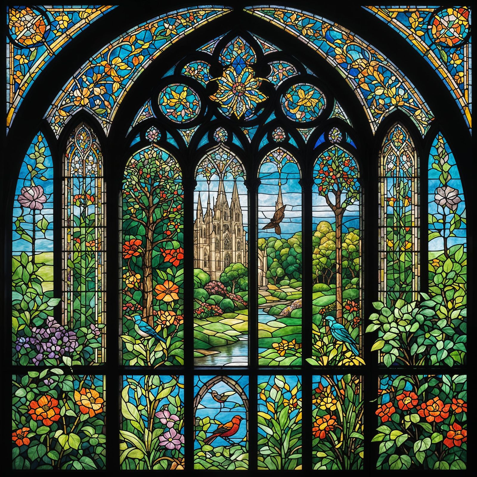 Gothic Cathedral Stained Glass: Serene Garden Scene