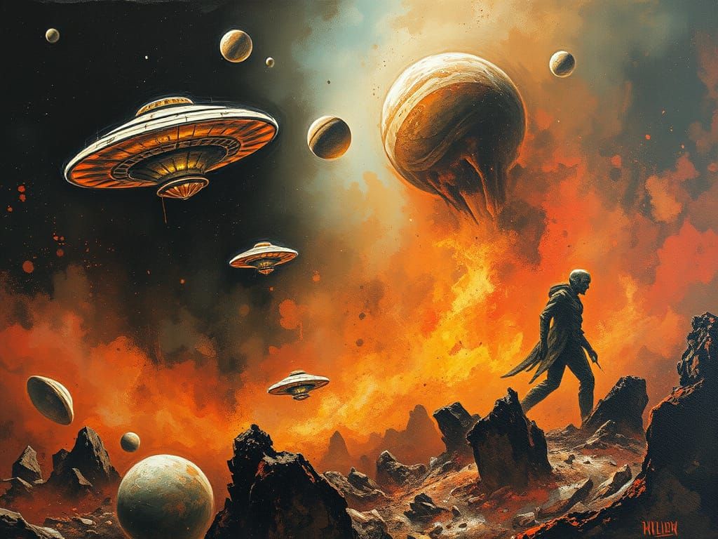 UFOs and Planets in Palette Knife Oil Painting