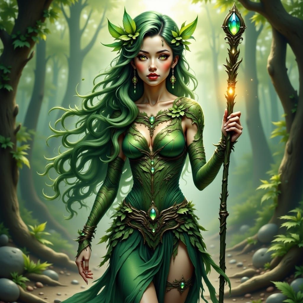 Earthy Anime Woman in Organic Dress and Crystal Staff