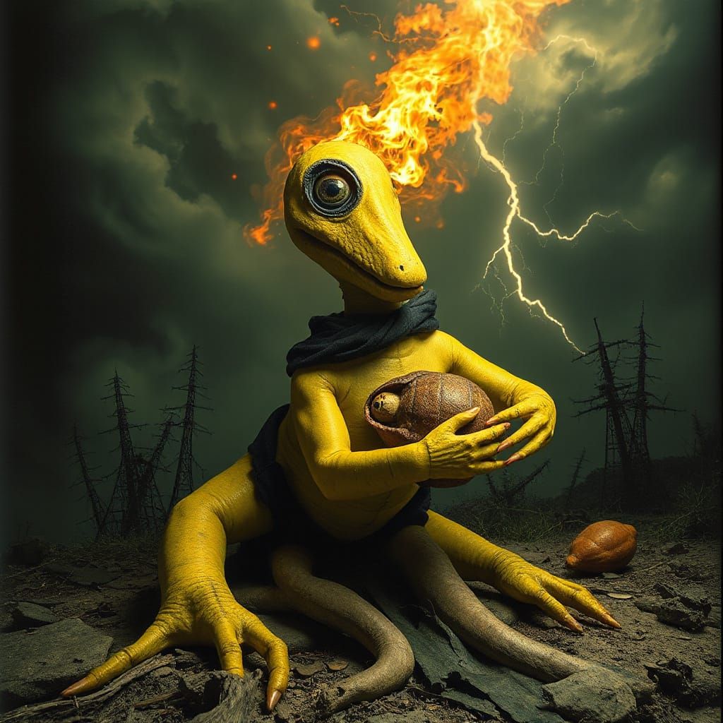 Surreal Stuffed Ceratopsid in Yellowish Storm, Vintage Photo...