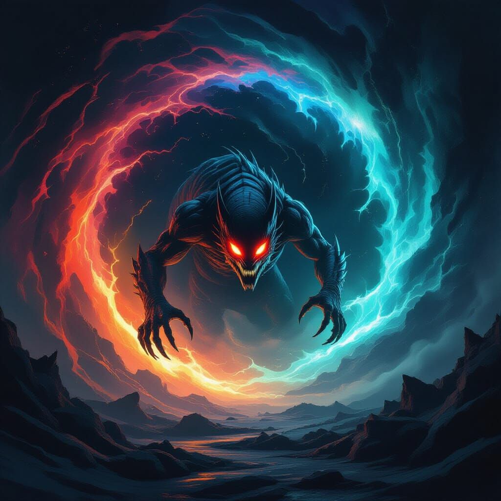 Cosmic Creature Emerges from Vortex in Dark Fantasy Style
