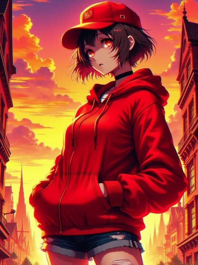 Anime Woman in Vibrant Red Ensemble