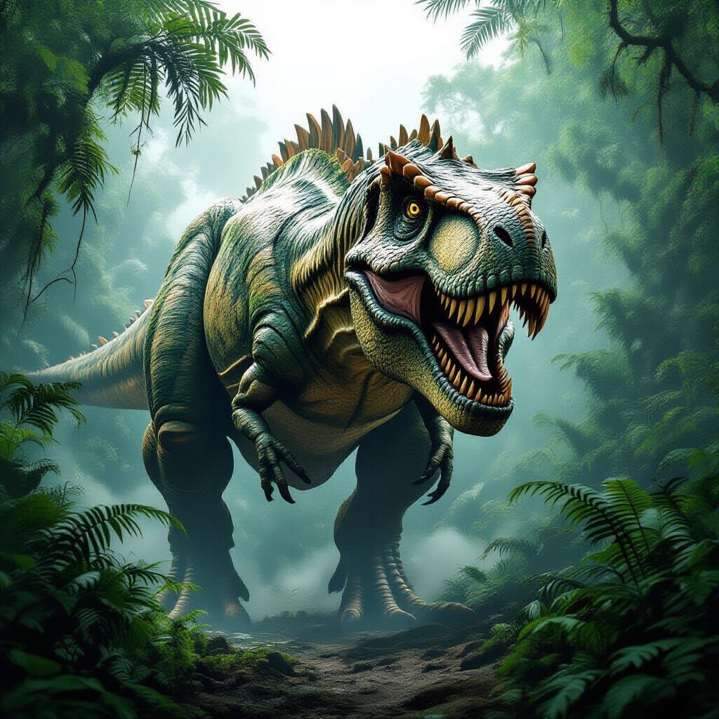 Hyperrealistic T-Rex Emerges from Jungle Mist