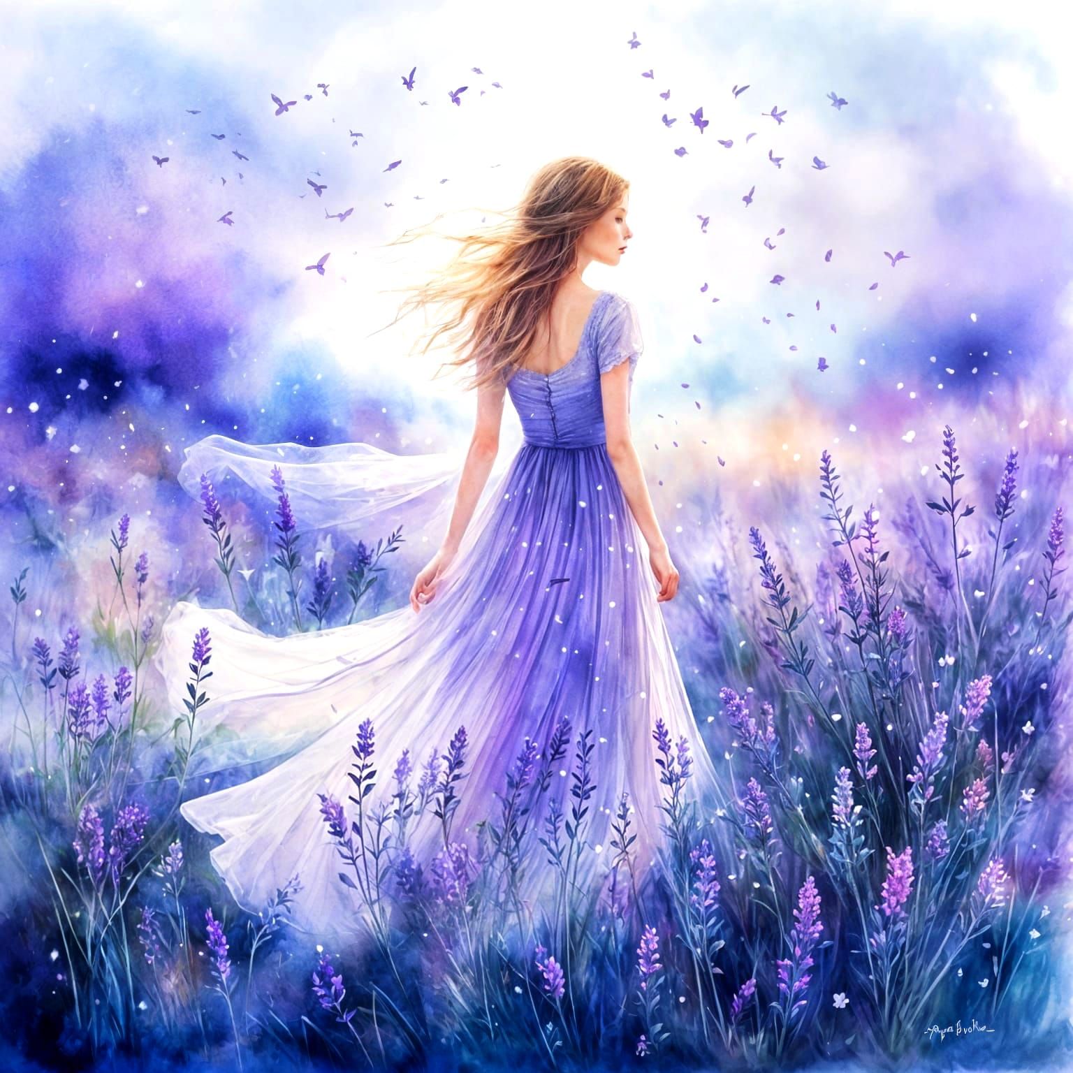 Ethereal Auburn Haired Woman in Lavender Field