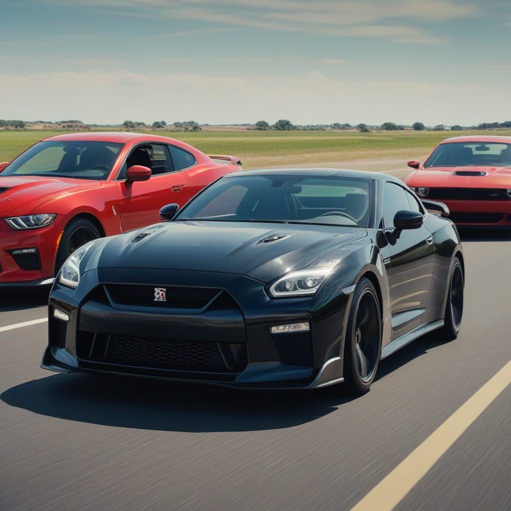Nissan GTR Rams Dodge Challenger on Highway