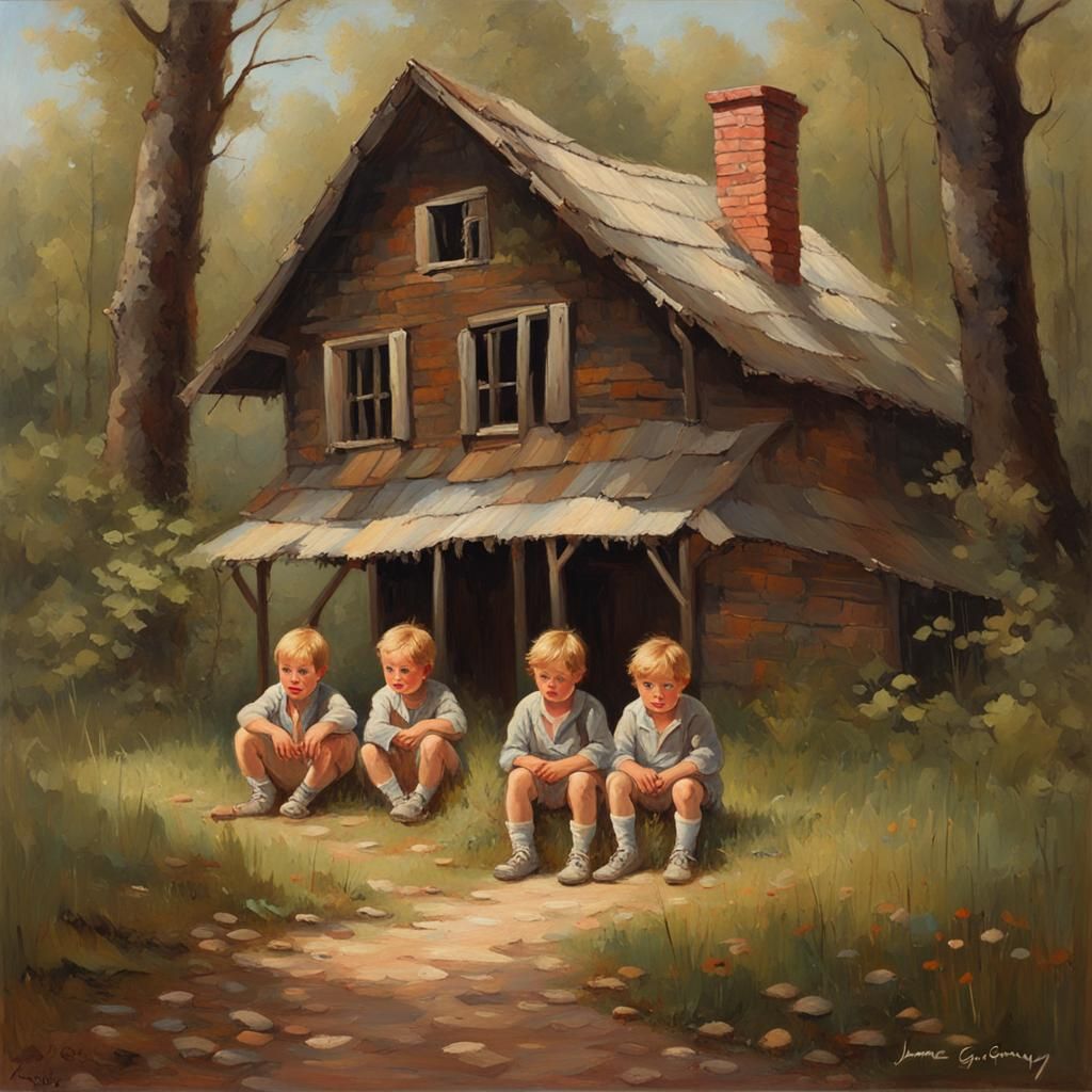 Twin Boys at Cottage, Oil Painting Style
