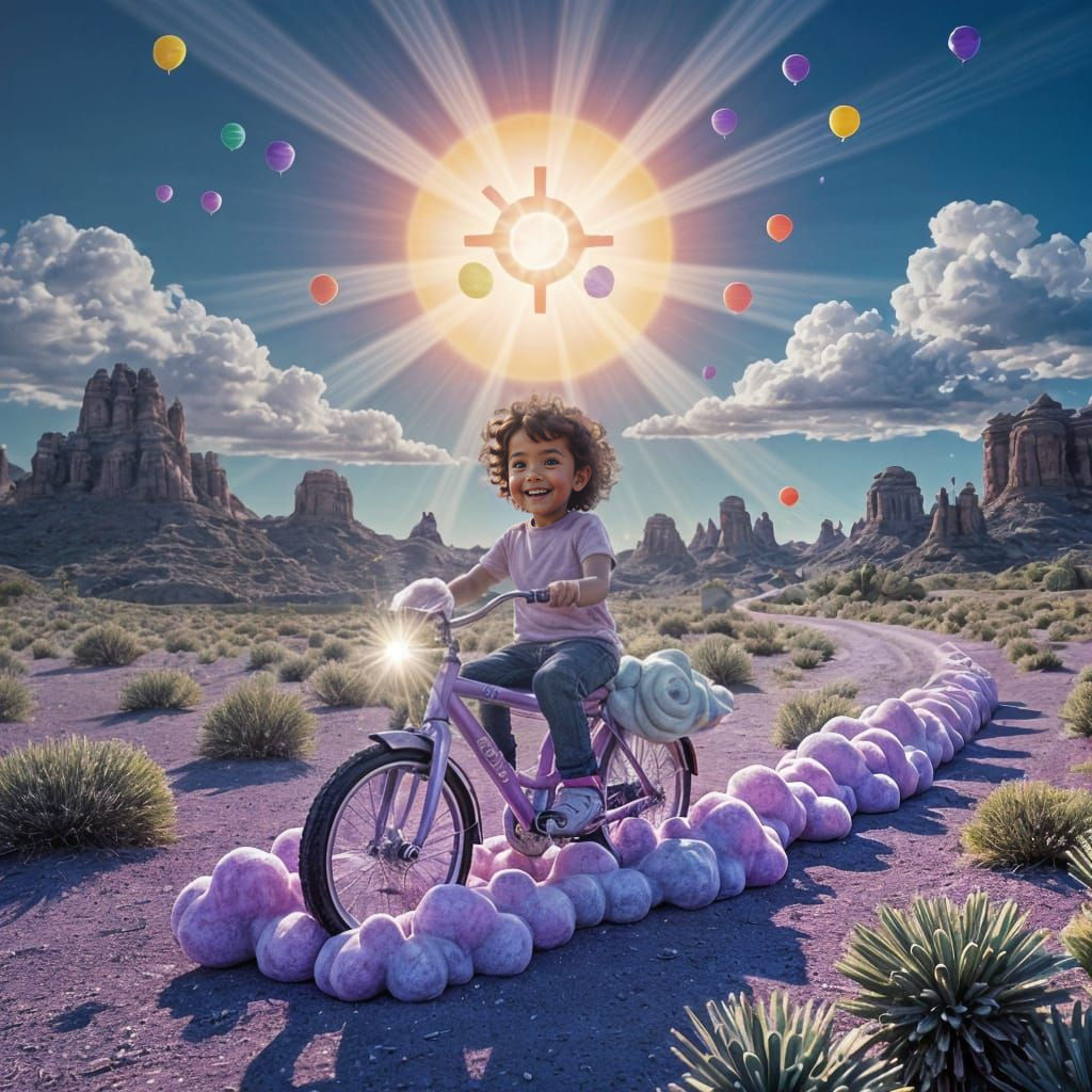 3D Style Child Rides Felt Cloud Bike in Purple Desert