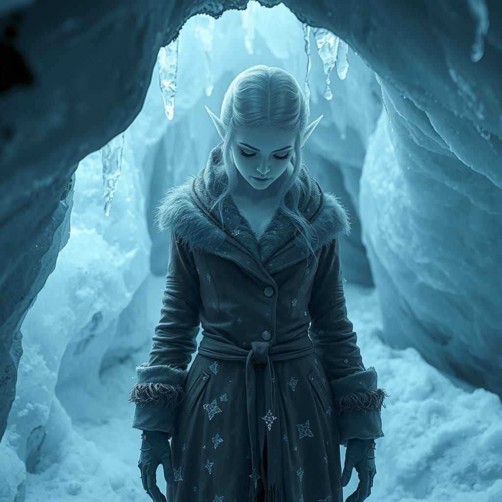 Ethereal Elf Maiden Surveys Winter Clad Form in Glacial Cave