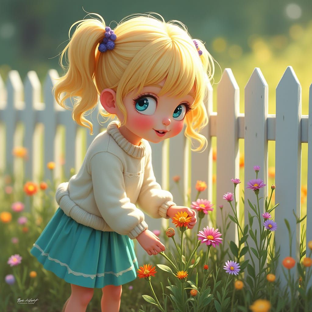 Hyper-Realistic Portrait of a Blond Child Picking Flowers