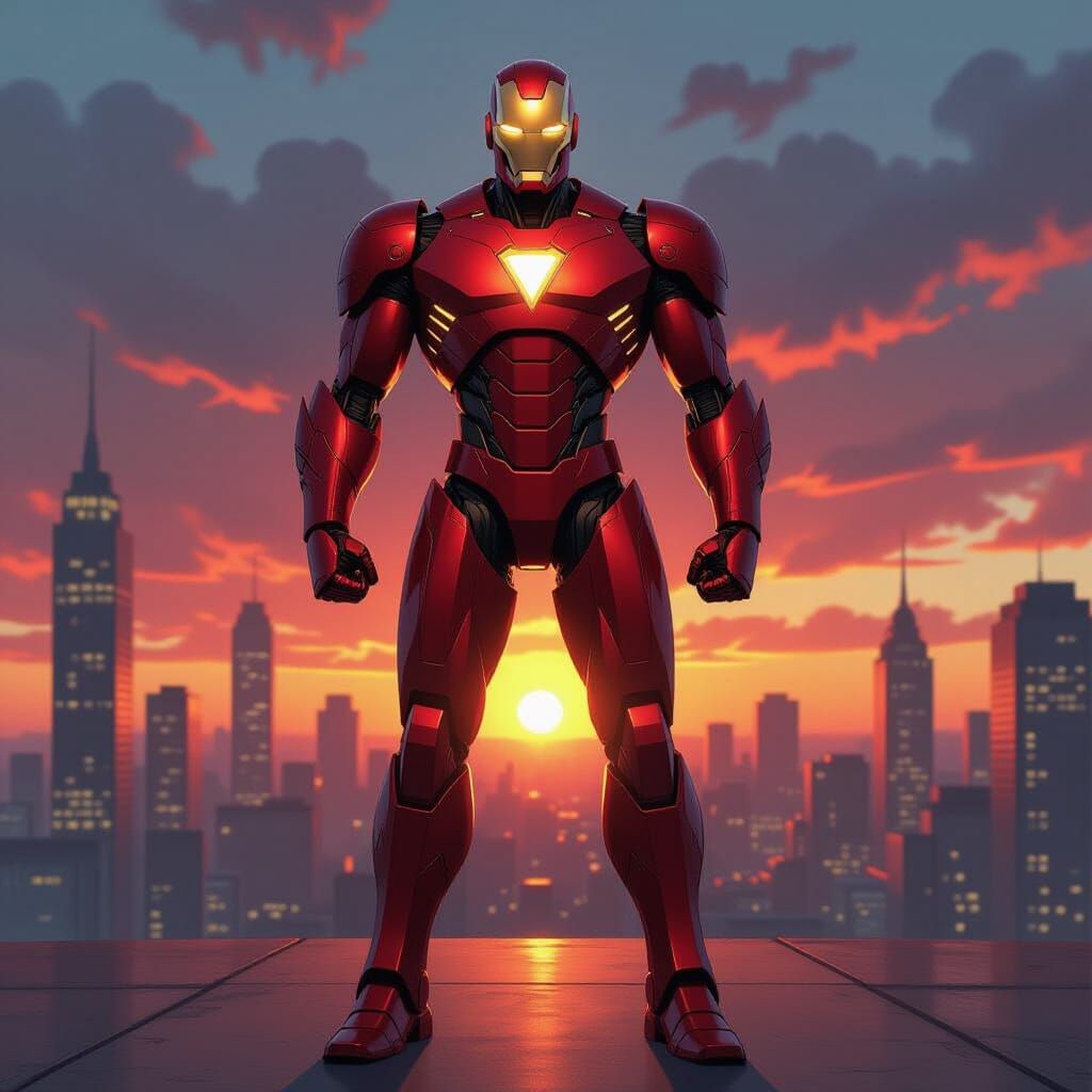 Crimson Robot Hero in Futuristic Cityscape