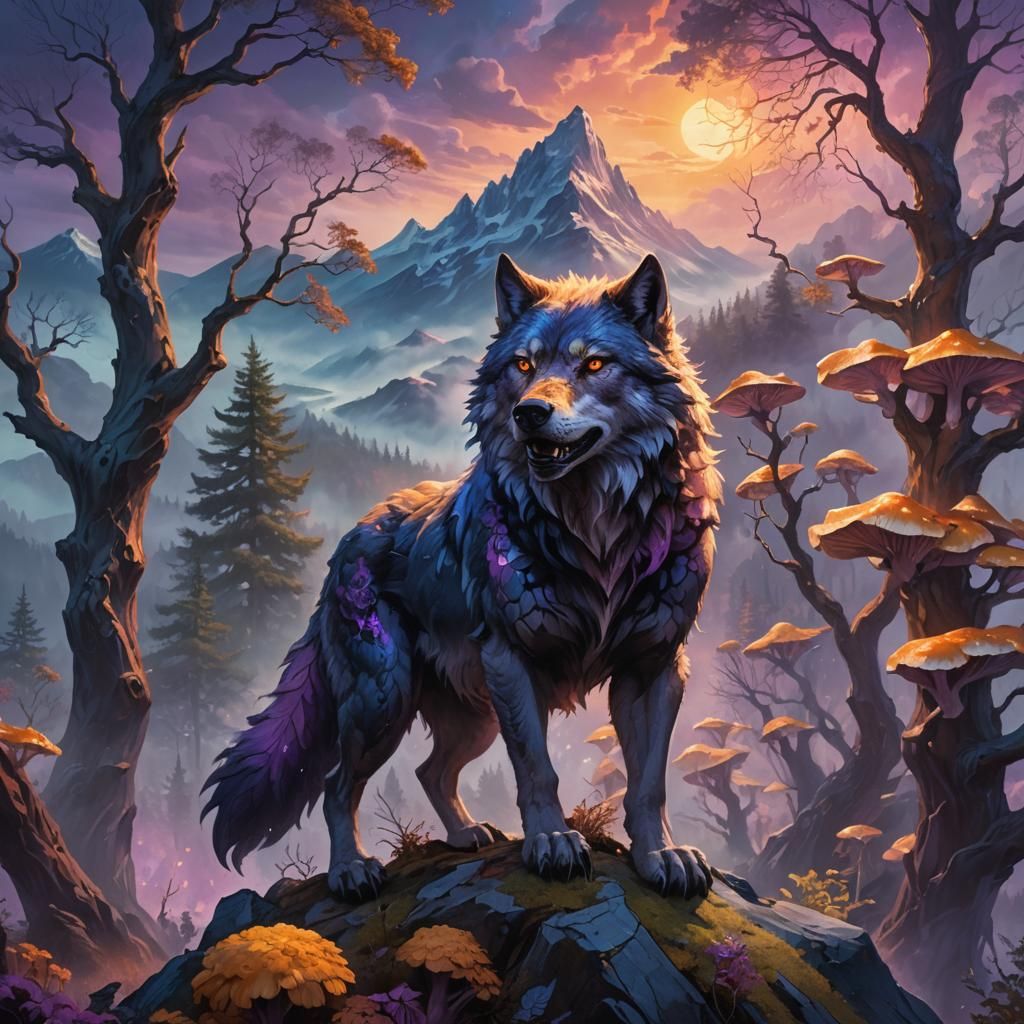 Fantasy Werewolf on Misty Peak in Oil Painting Style