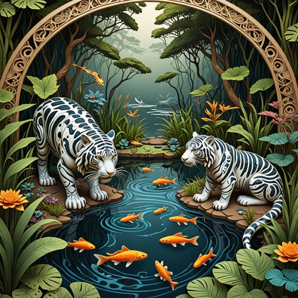 Tranquil Predator's Pond with Abstract Fractal Patterns