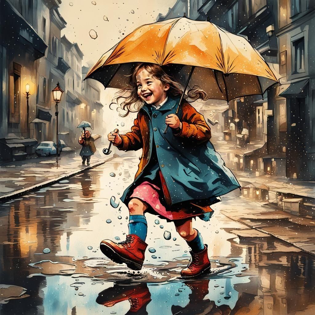 Girl Kicking Puddles in Vintage Ink Painting