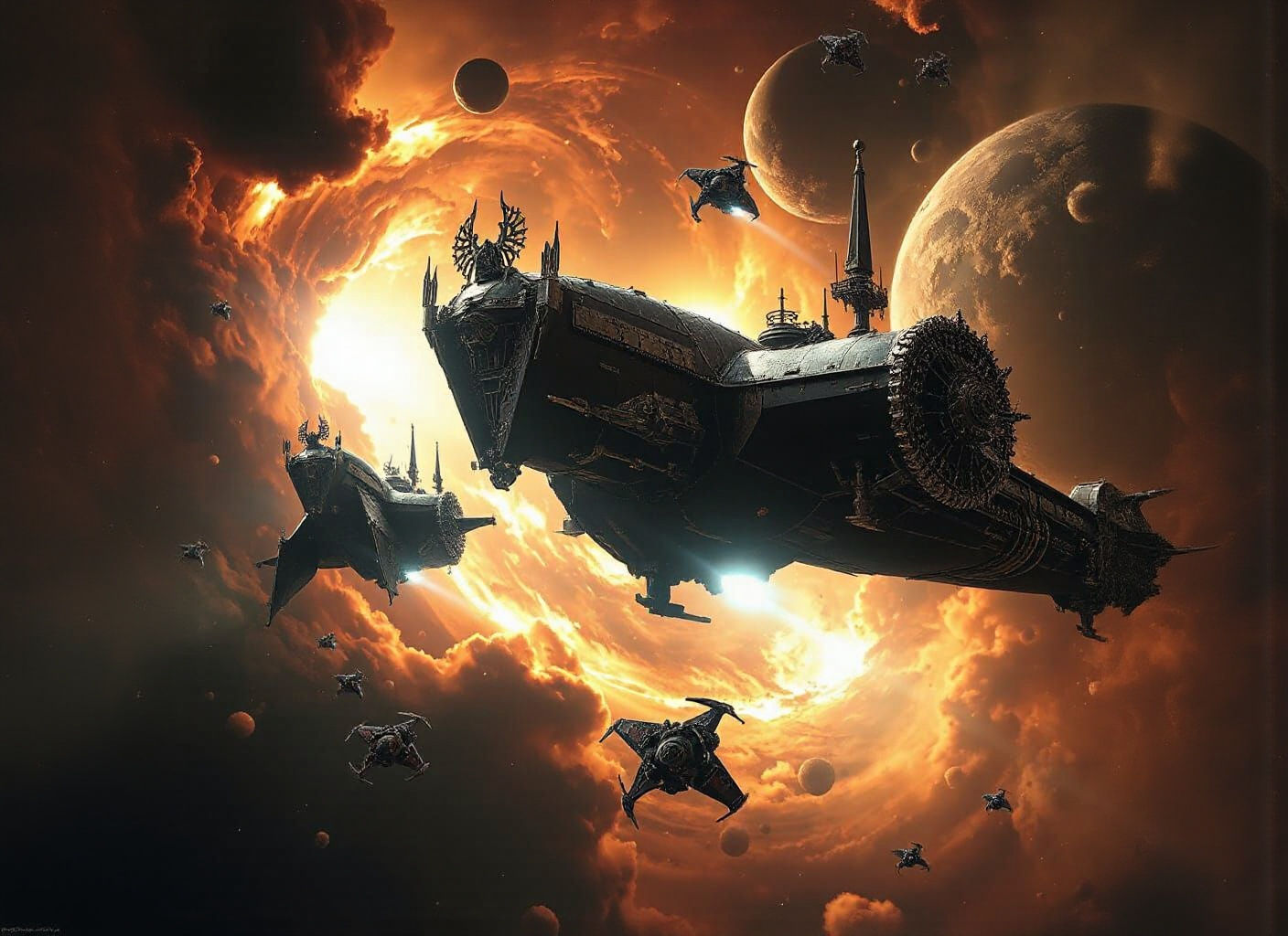 Gothic Starships Emerge from Nebula in Hyperrealistic Style