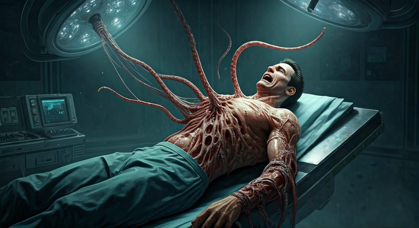 Man Transforms into Alien Creature in Operating Room