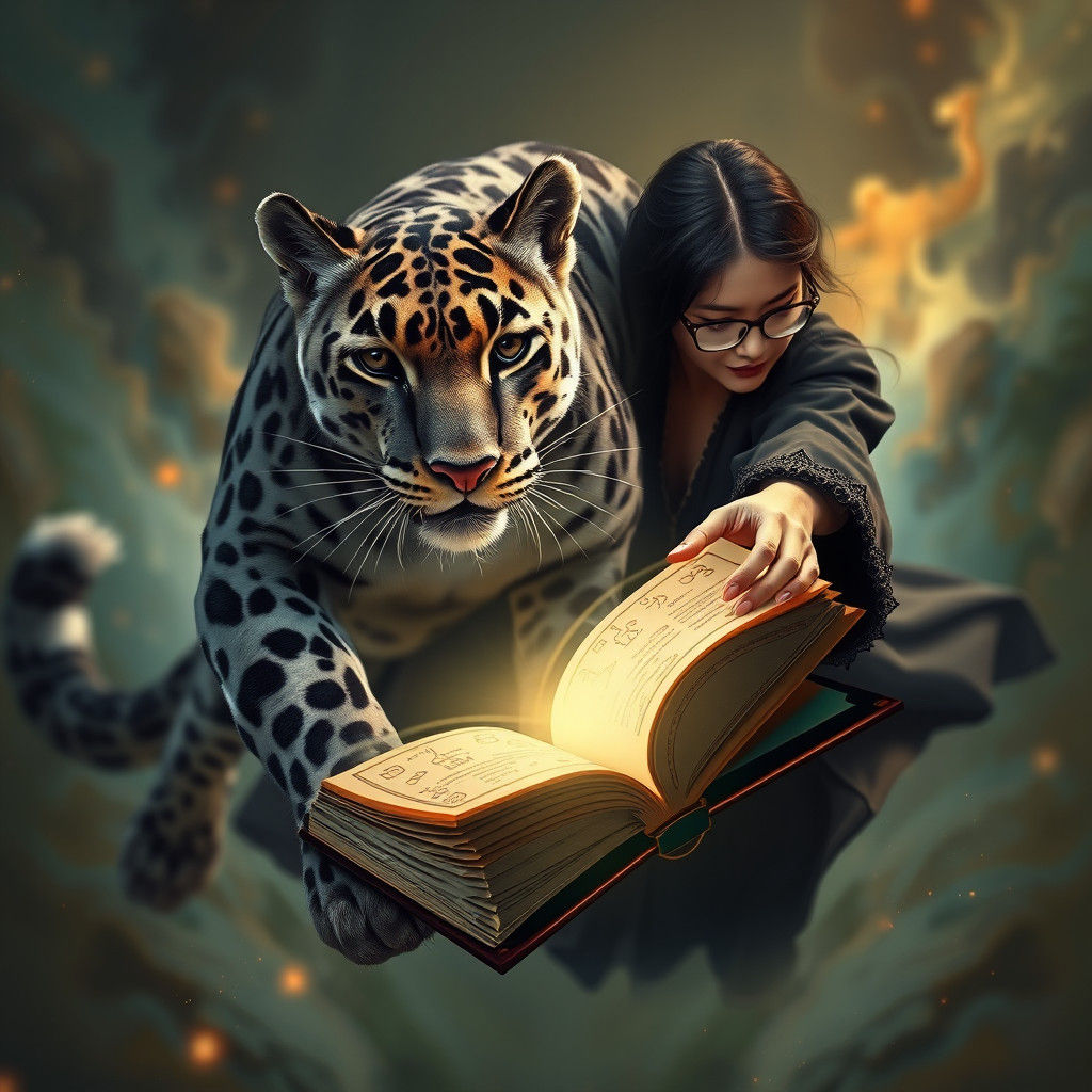 Leopard and Runestone Book in Matte Painting Style